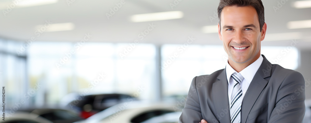 Professional car dealership manager confidently poses in a modern showroom filled with vehicles during daylight hours Professional car dealership manager confidently poses in a modern showroom filled with vehicles during daylight hours