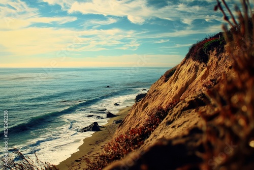 Bluffs overlooking Pacific Ocean in California. Beach landscape with blue sky and ocean view photo