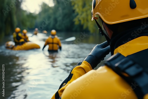 Swift water rescue team in specialized gear navigates a river, responding to an emergency with focus on the rescuer in the foreground. Emergency response teamwork concept photo