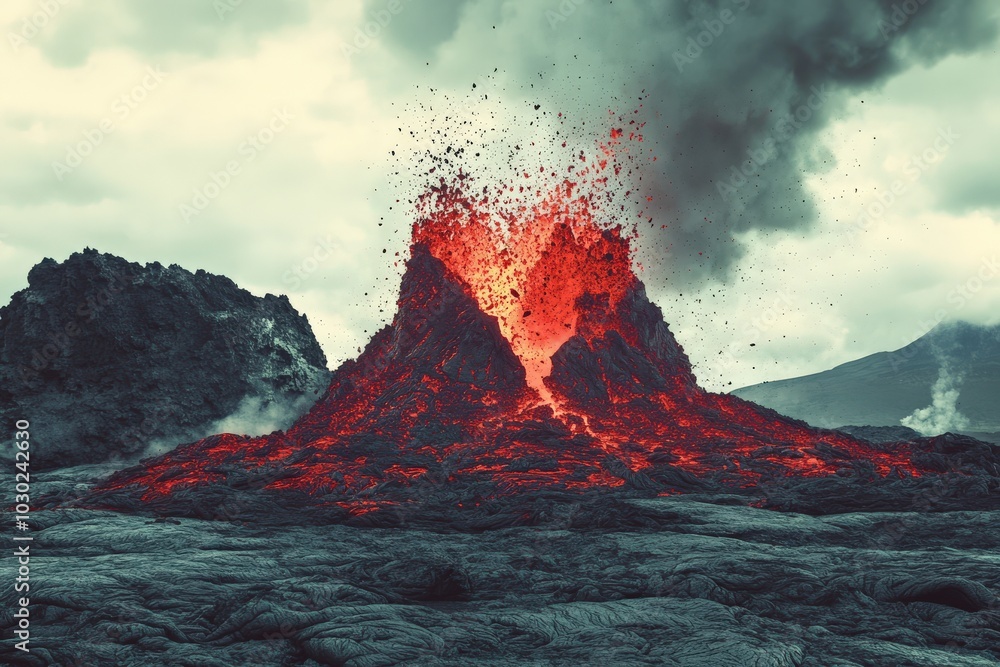 Volcanic Eruption. Red Hot Lava From Volcano on Island Stock ...