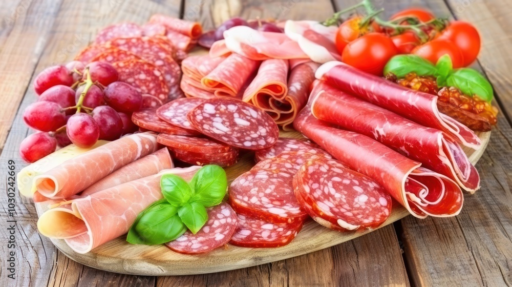 Assorted Meats, Grapes, Tomatoes, and Basil on a Wooden Board Assorted Meats, Grapes, Tomatoes, and Basil on a Wooden Board