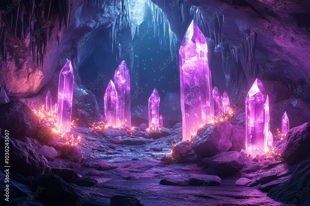 A mystical cave features towering, glowing purple crystals surrounded by shimmering light, creating an enchanting atmosphere. A mystical cave features towering, glowing purple crystals surrounded by shimmering light, creating an enchanting atmosphere.