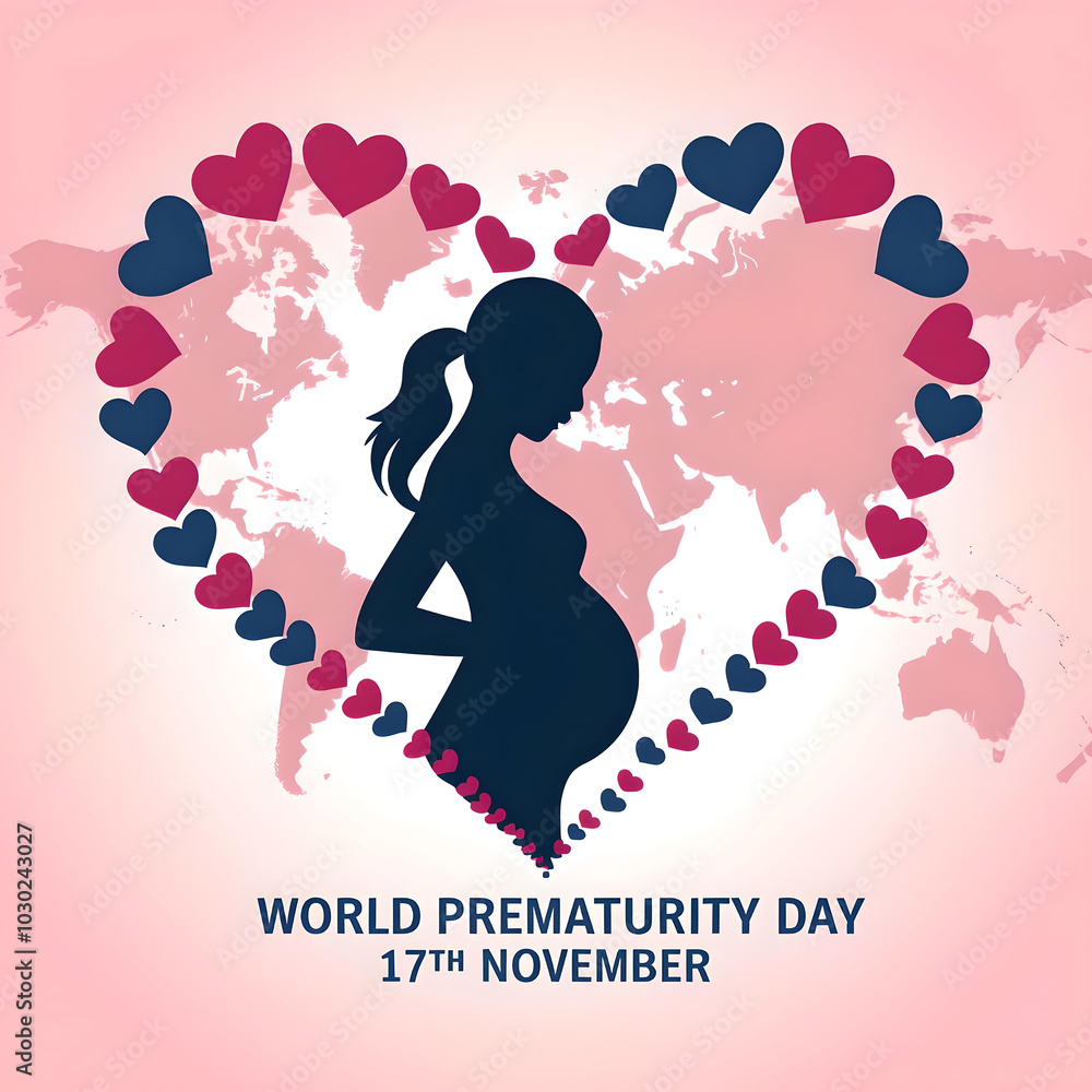 A pregnant woman silhouette in front of a world map with hearts, representing World Prematurity Day on November 17th A pregnant woman silhouette in front of a world map with hearts, representing World Prematurity Day on November 17th