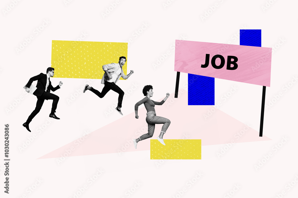 Sketch composite artwork collage of workspace vacancy new job finger point choose three young candidate lady man fast run competition Sketch composite artwork collage of workspace vacancy new job finger point choose three young candidate lady man fast run competition
