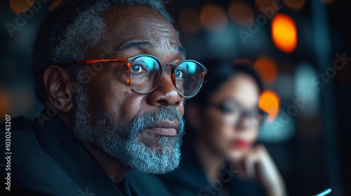 Portrait of Thoughtful African American Businessman in Corporate Setting, Ideal for Leadership and Business Themes, Warm Lighting and Blue Tones