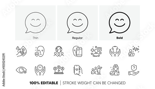 Uv protection, Farsightedness and Face biometrics line icons. Pack of Video conference, Hold t-shirt, Safe time icon. Internet app, Voice wave, Smile chat pictogram. Protection shield. Vector