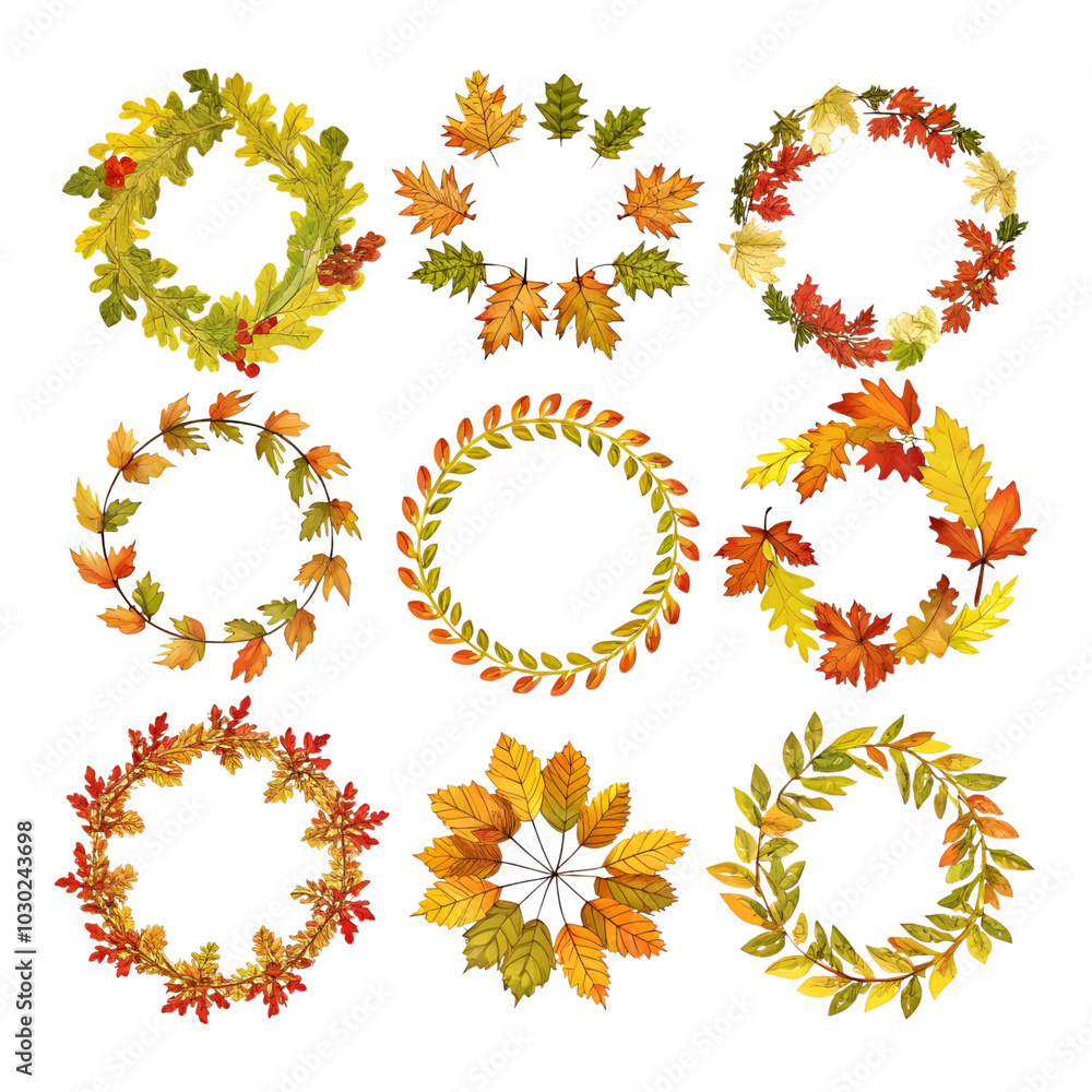 Autumn Wreath Illustration Collection, element, isolated on white background, png cut Autumn Wreath Illustration Collection, element, isolated on white background, png cut