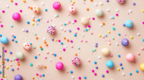 Colorful Confetti and Round Objects on Beige Background