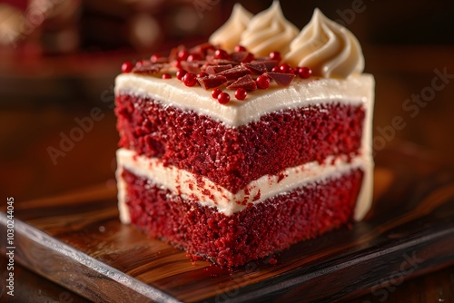 Delicious Red Velvet Cake Slice with Cream Cheese Frosting and Chocolate Shavings