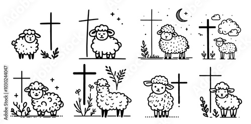playful lambs with crosses and floral designs set in cartoon style black vector