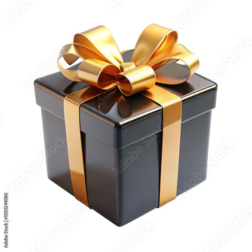 A black gift box with a gold ribbon on transparent Background PNG file