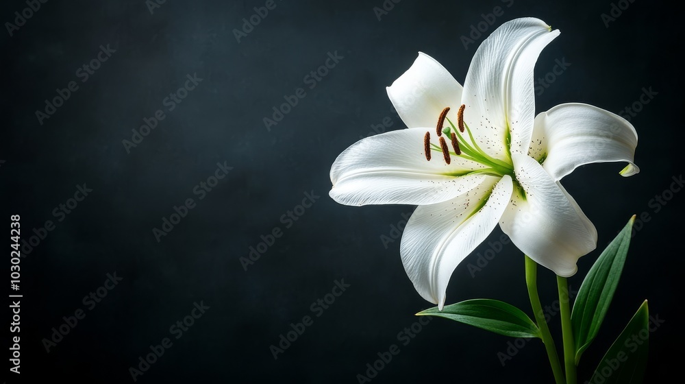 Fototapeta premium A white lily stands out against a dark backdrop.