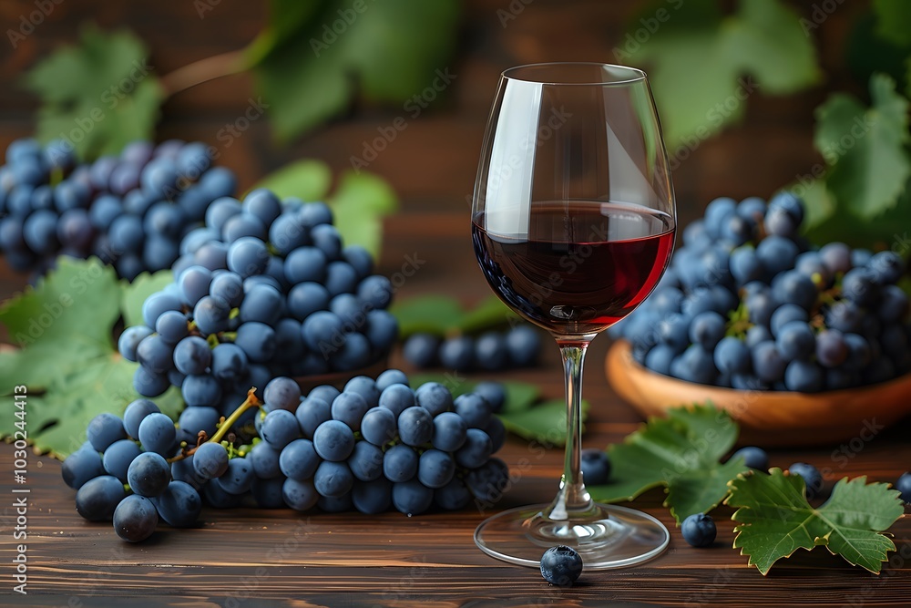 Red Wine Elegance with Grapes and Vine Leaves for Culinary and Design Use Red Wine Elegance with Grapes and Vine Leaves for Culinary and Design Use