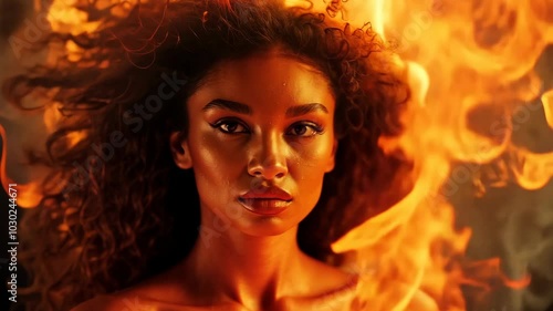 Wallpaper Mural A woman with curly hair stands in front of a fiery backdrop, her eyes captivating the viewer Torontodigital.ca
