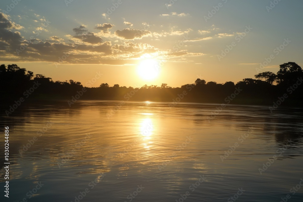 Fototapeta premium Golden sunset reflecting on tranquil river waters amidst lush tropical foliage