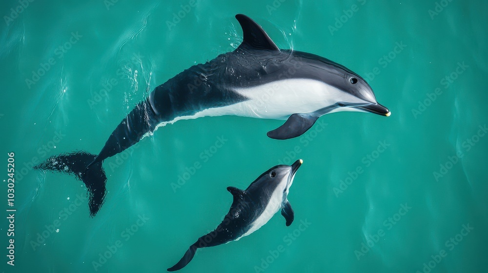 Hector's Dolphin Mother and Calf Swimming in Tranquil Waters Hector's Dolphin Mother and Calf Swimming in Tranquil Waters