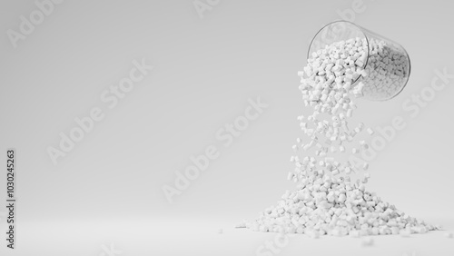 White plastic polypropylene granules pouring from the glass on a white backdrop, masterbatch polymer grain pile. HDPE or PVC resin pellets. Place for text. 3d render illustration