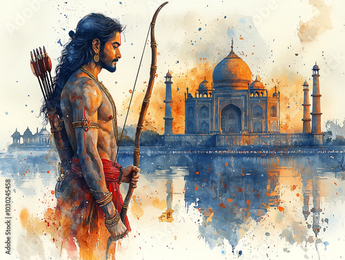 Watercolor illustration of Ram Navami with Lord Rama with in the background the TaJ Mahal of Agra. Shree Ram Navami festival, image for social media. photo