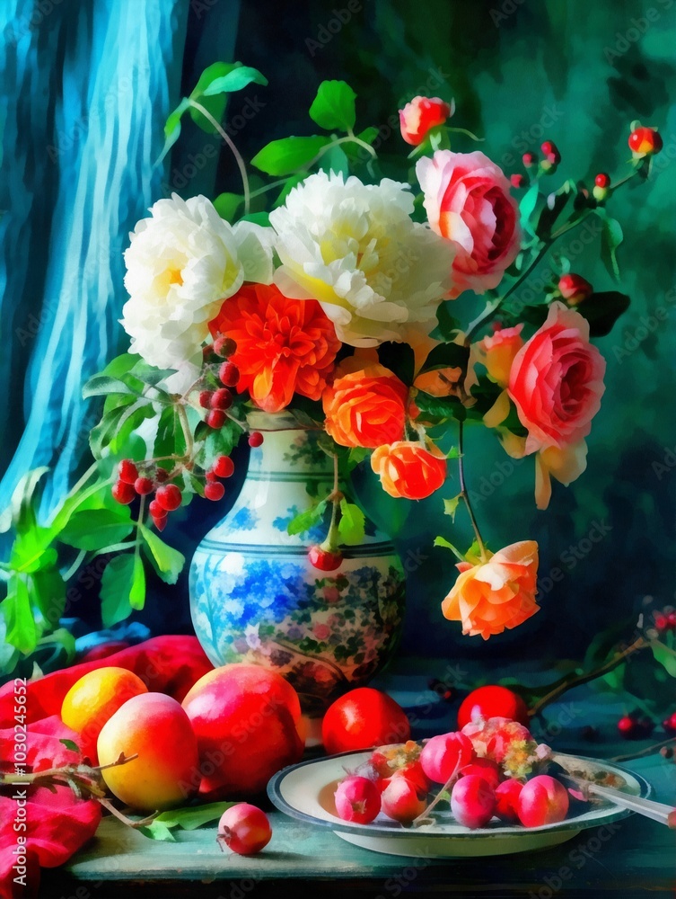 Still life image flowers in a vase and fruits, imitation oil painting. Still life image flowers in a vase and fruits, imitation oil painting.