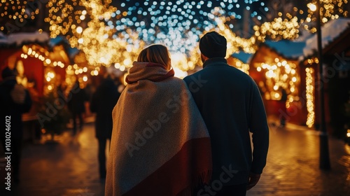 A couple sharing a warm blanket while walking through a Christmas market illuminated with lights.