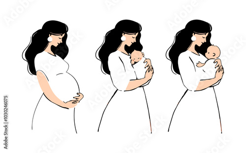 Mother s day. Pregnancy and motherhood illustration set, pregnant woman, mother with child. Hand drawn vector sketch. Vector isolated on white background.