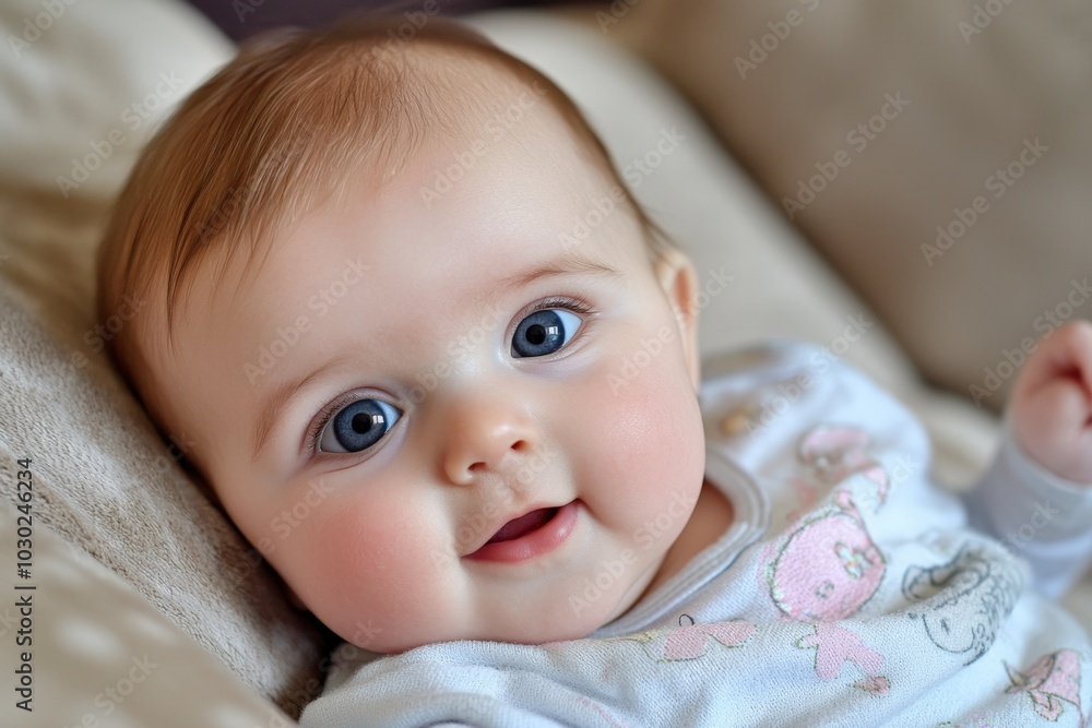 A joyful baby with sparkling blue eyes enjoying playful moments in cozy surroundings A joyful baby with sparkling blue eyes enjoying playful moments in cozy surroundings