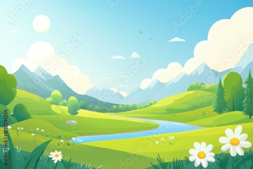 Wallpaper Mural A serene valley illuminated by morning sunlight with lush greens and gentle river flow Torontodigital.ca