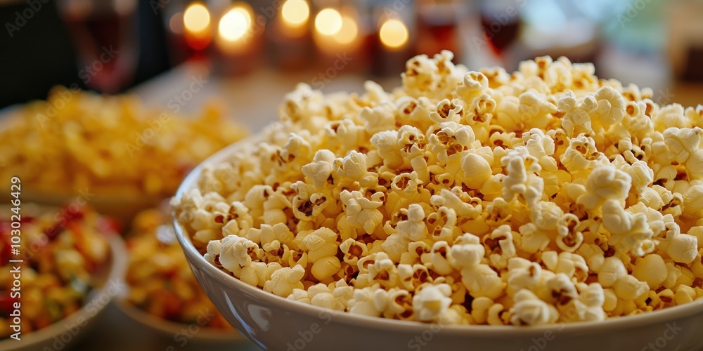 Bowl of Fresh Popcorn with Warm Blurred Background Bowl of Fresh Popcorn with Warm Blurred Background
