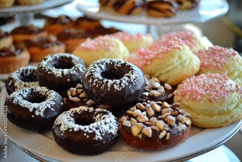 A delightful assortment of chocolate and cream donuts for a sweet afternoon treat