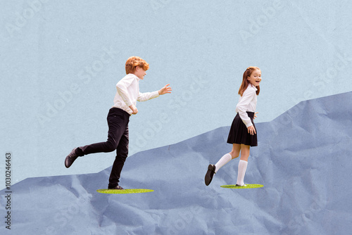 Composite trend artwork sketch image collage of copyspace young boy girl school age small classmates run funny play together friends