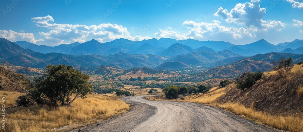 Winding dirt road leading through a valley with mountains in the background on a sunny day. Winding dirt road leading through a valley with mountains in the background on a sunny day.