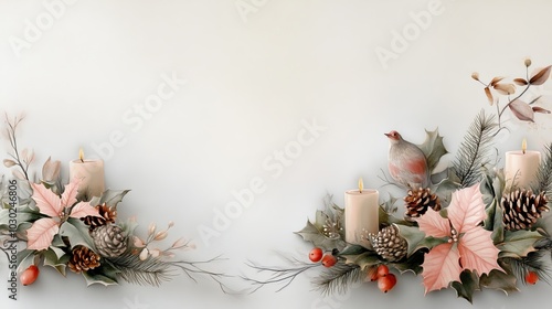 Artistic Christmas arrangement with candles, poinsettias, holly, pine cones, and a small bird perched, creating a serene holiday atmosphere.