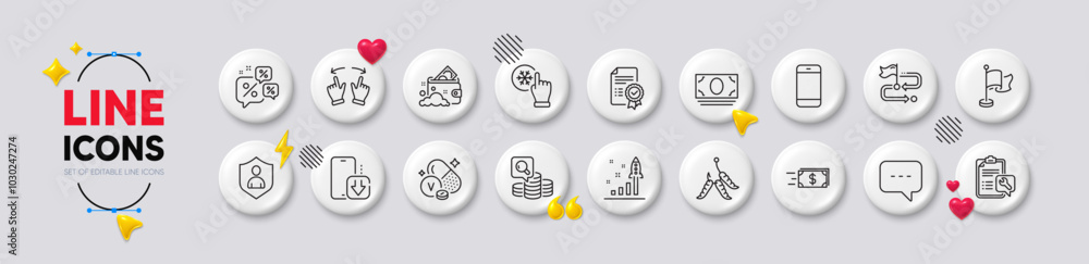 Fototapeta premium Smartphone, Cash money and Inspect line icons. White buttons 3d icons. Pack of Travel path, Move gesture, Development plan icon. Money transfer, Blog, Vanadium mineral pictogram. Vector