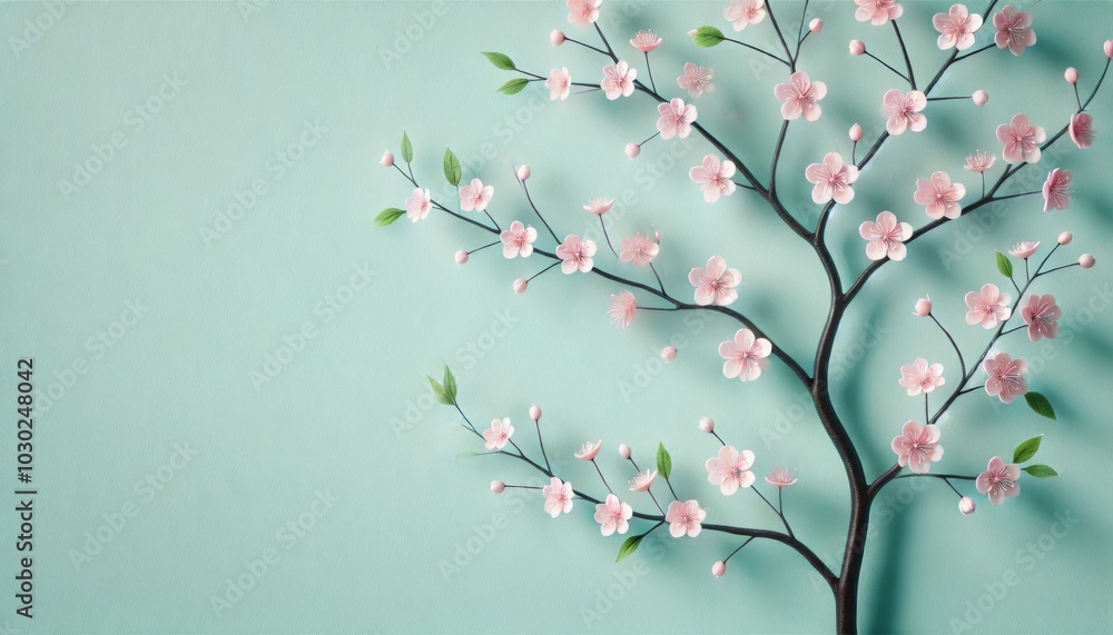 Turquoise backdrop with blossoms with copy space Turquoise backdrop with blossoms with copy space