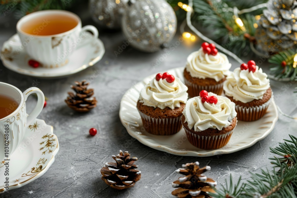 Festive Cupcakes topped with icing and holly decorations, spruce branch and cranberries. Image for cafe menu, Banner. Christmas iced little cakes. Joyous holiday celebrations and gatherings. Cup cakes Festive Cupcakes topped with icing and holly decorations, spruce branch and cranberries. Image for cafe menu, Banner. Christmas iced little cakes. Joyous holiday celebrations and gatherings. Cup cakes