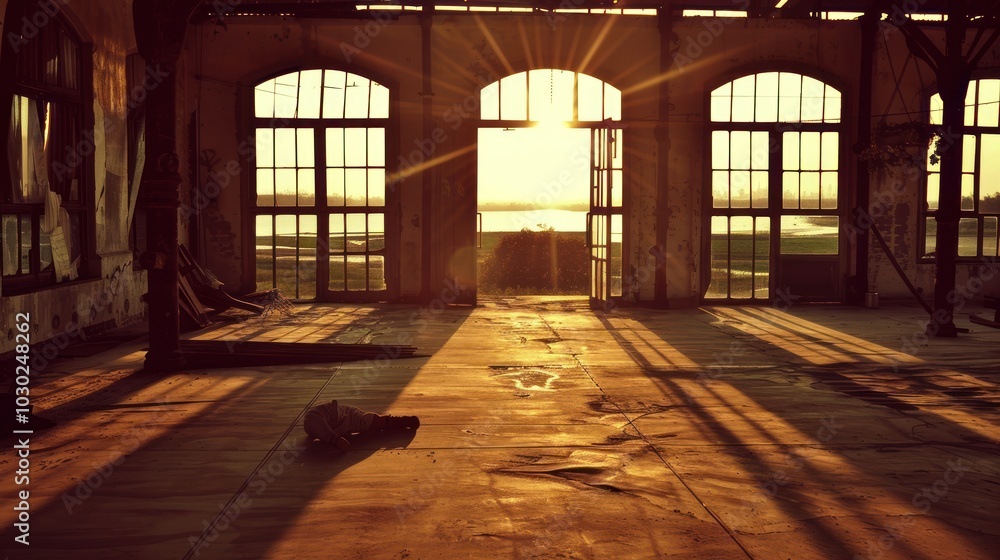 Fototapeta premium Sunbeams Illuminating a Derelict Industrial Building
