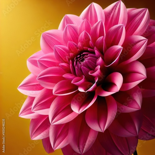 Stunning pink Dahlia flower on a plain yellow background beautifully lit with some shadow