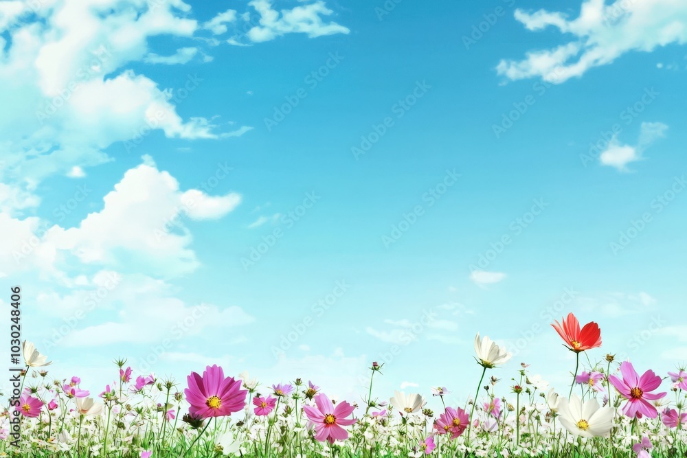Vibrant wildflowers bloom under a bright blue sky on a sunny day in the countryside Vibrant wildflowers bloom under a bright blue sky on a sunny day in the countryside