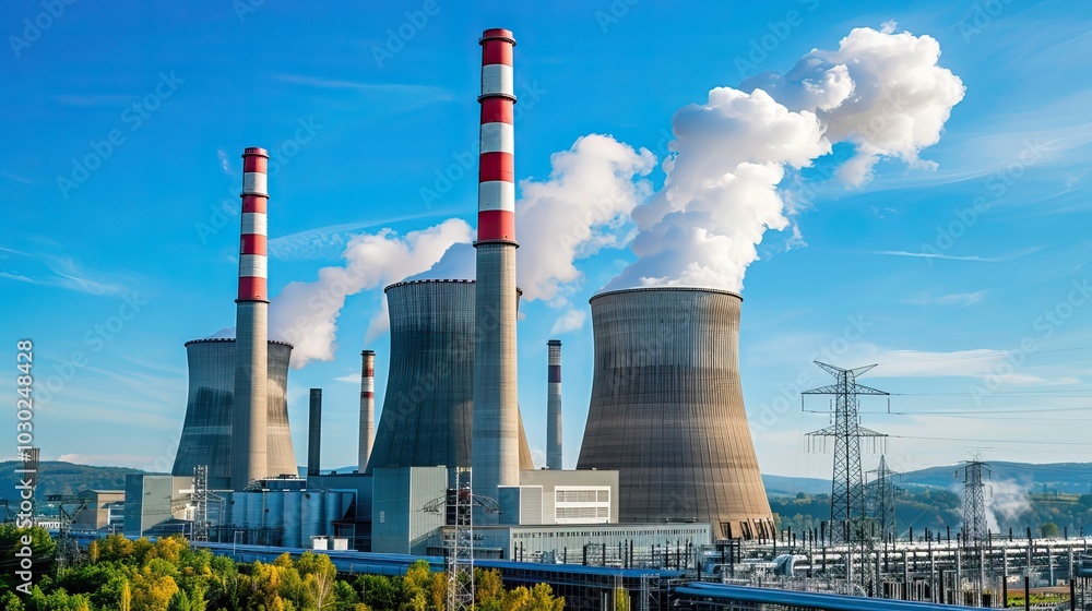 Cooling Towers and Smokestacks of a Large Coal Power Plant with Emissions Under Clear Sky Cooling Towers and Smokestacks of a Large Coal Power Plant with Emissions Under Clear Sky
