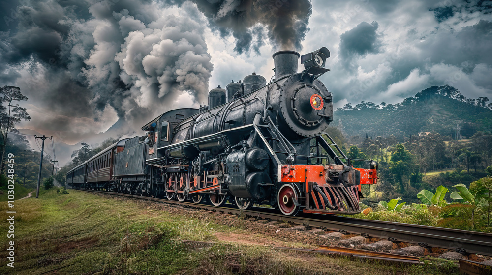 Obraz premium Vintage Steam Locomotive on Scenic Railway Journey Through Lush Countryside and Mountains