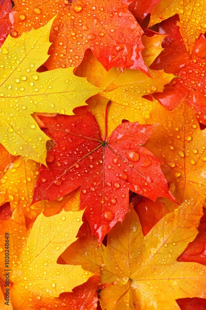 Vibrant Autumnal Scene Close-Up of Wet Orange and Yellow Maple Leaves on a Rainy Day Vibrant Autumnal Scene Close-Up of Wet Orange and Yellow Maple Leaves on a Rainy Day
