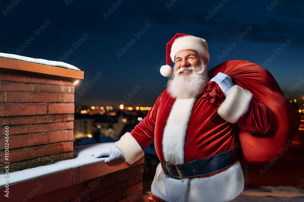 Der Weihnachtsmann mit Sack auf einem Dach am Schornstein