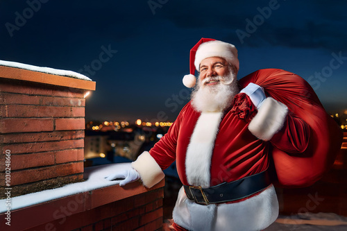 Obraz na płótnie Der Weihnachtsmann mit Sack auf einem Dach am Schornstein w salonie