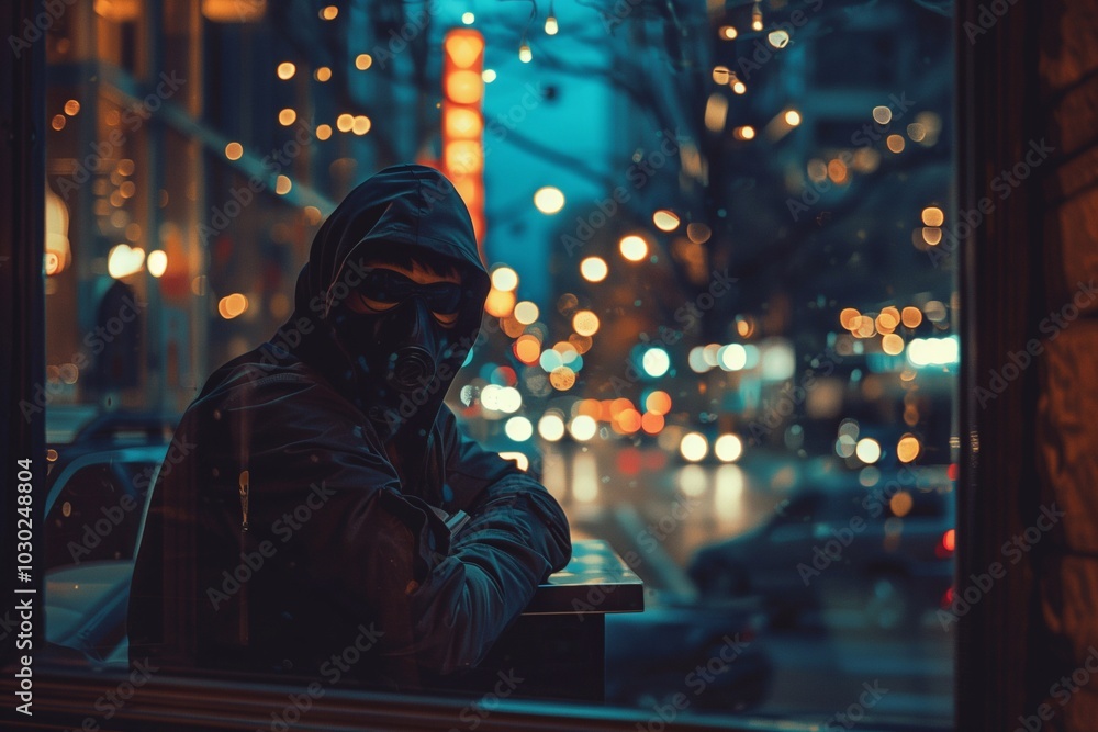 A hooded individual lurks by a window, suggesting a potential robbery in progress on a bustling city street at night A hooded individual lurks by a window, suggesting a potential robbery in progress on a bustling city street at night