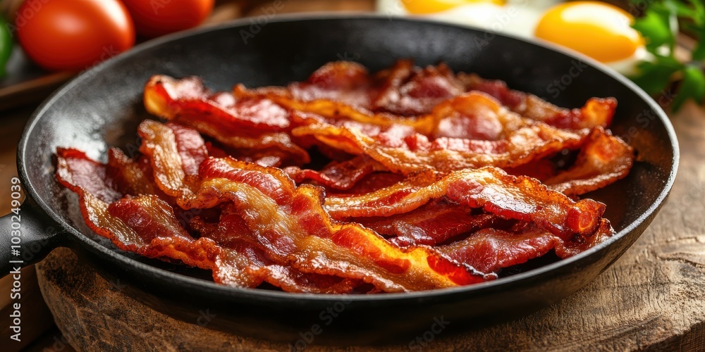 Crispy Bacon Strips in Rustic Skillet with Eggs and Tomatoes Crispy Bacon Strips in Rustic Skillet with Eggs and Tomatoes