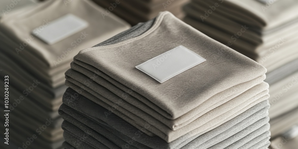 Obraz premium Stacks Of Neutral T-Shirts With Tags In Minimal Design