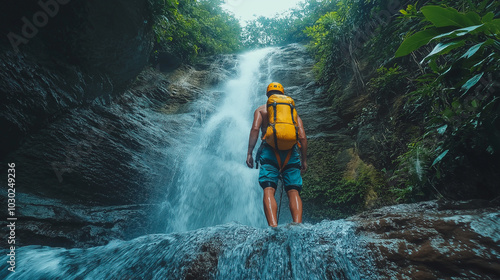 Exciting canyoneering adventure, rappelling down waterfall