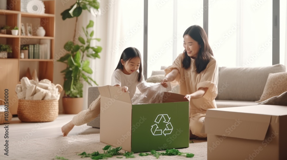 Mother and Daughter Sorting Recycling Together Mother and Daughter Sorting Recycling Together