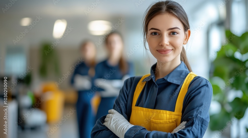 Confident cleaning lady in a modern office. Confident cleaning lady in a modern office.
