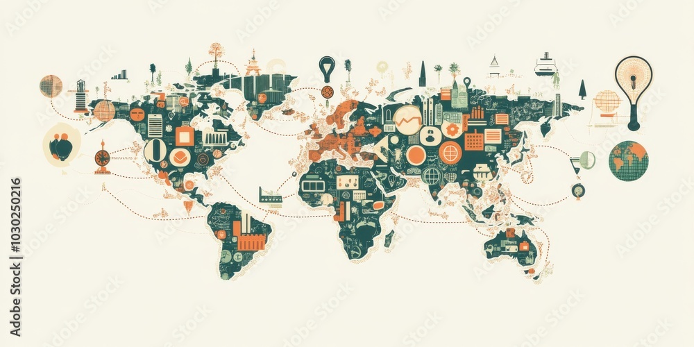 Fototapeta premium Illustrated World Map with Iconographic Landmarks and Connections